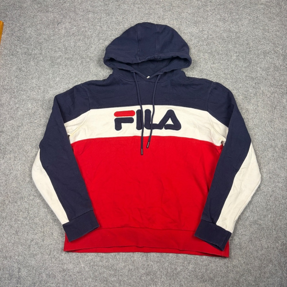 Fila Hoodie Mens Medium Blue White Red Colorblock Embroidered Logo Sweatshirt